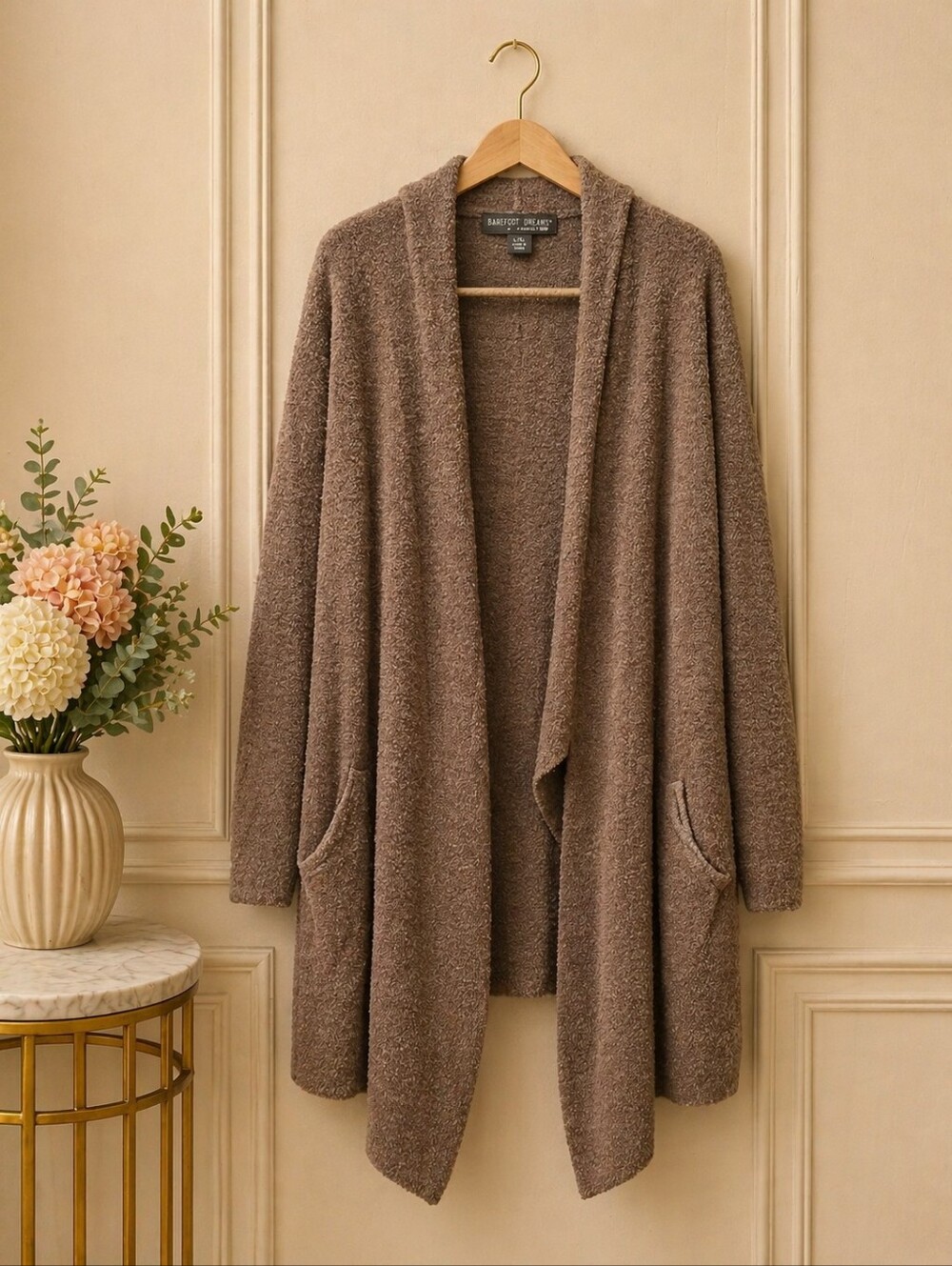 Barefoot Dreams L/XL Plush Open-Front Taupe/Brown Cardigan